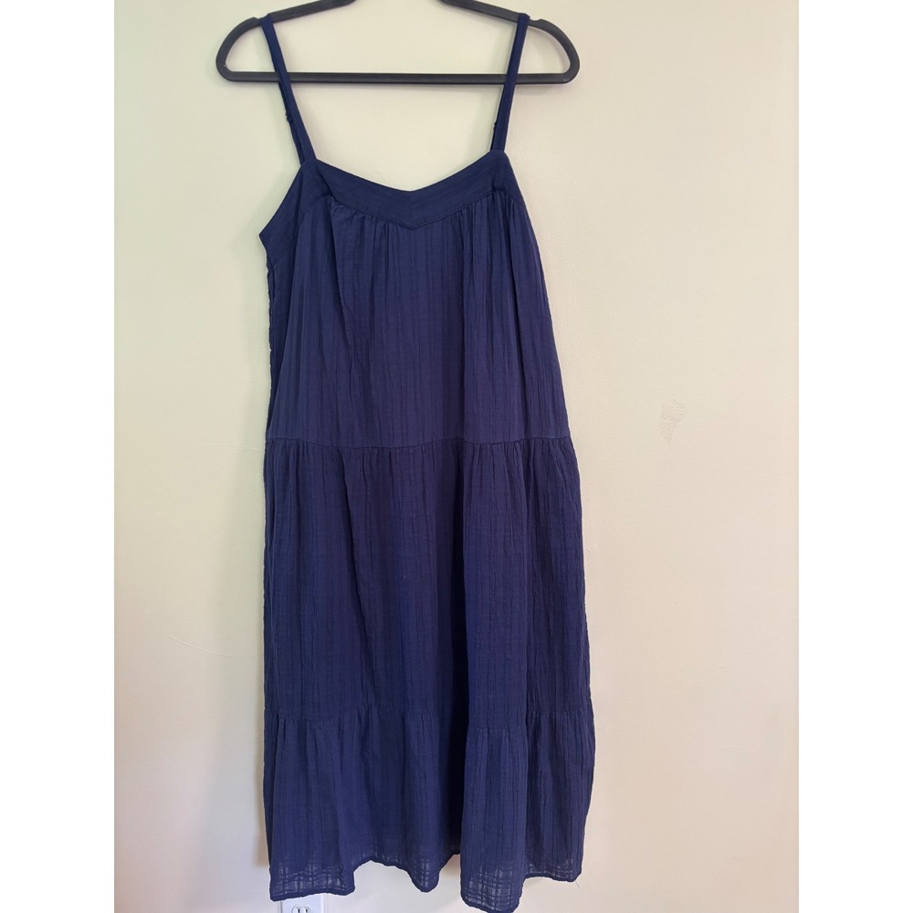 Navy Blue Cotton Tiered Midi Dress Sz M Boho Chic Coastal Grandma Prarie Casual